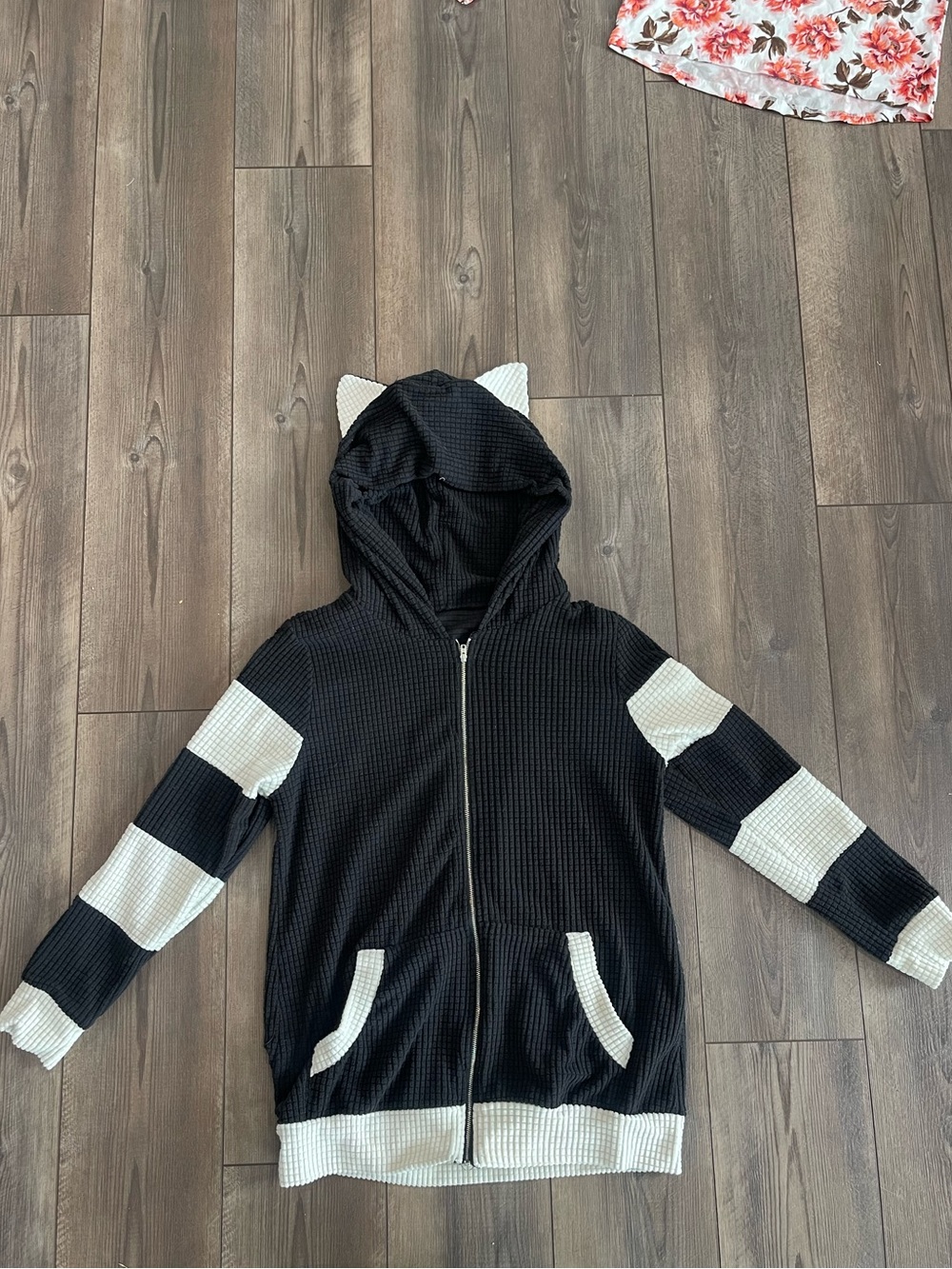 Kids Black and White Hooded Zip-Up Puffer Jacket with Ear Detail